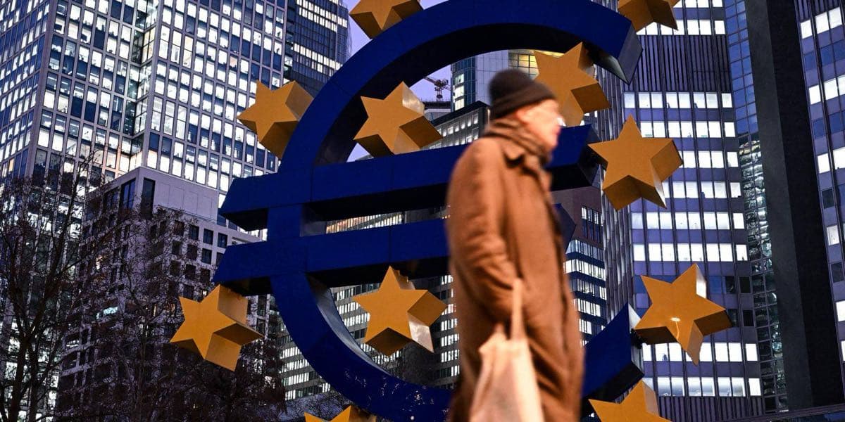 The euro symbol sculpture in the financial district of Frankfurt