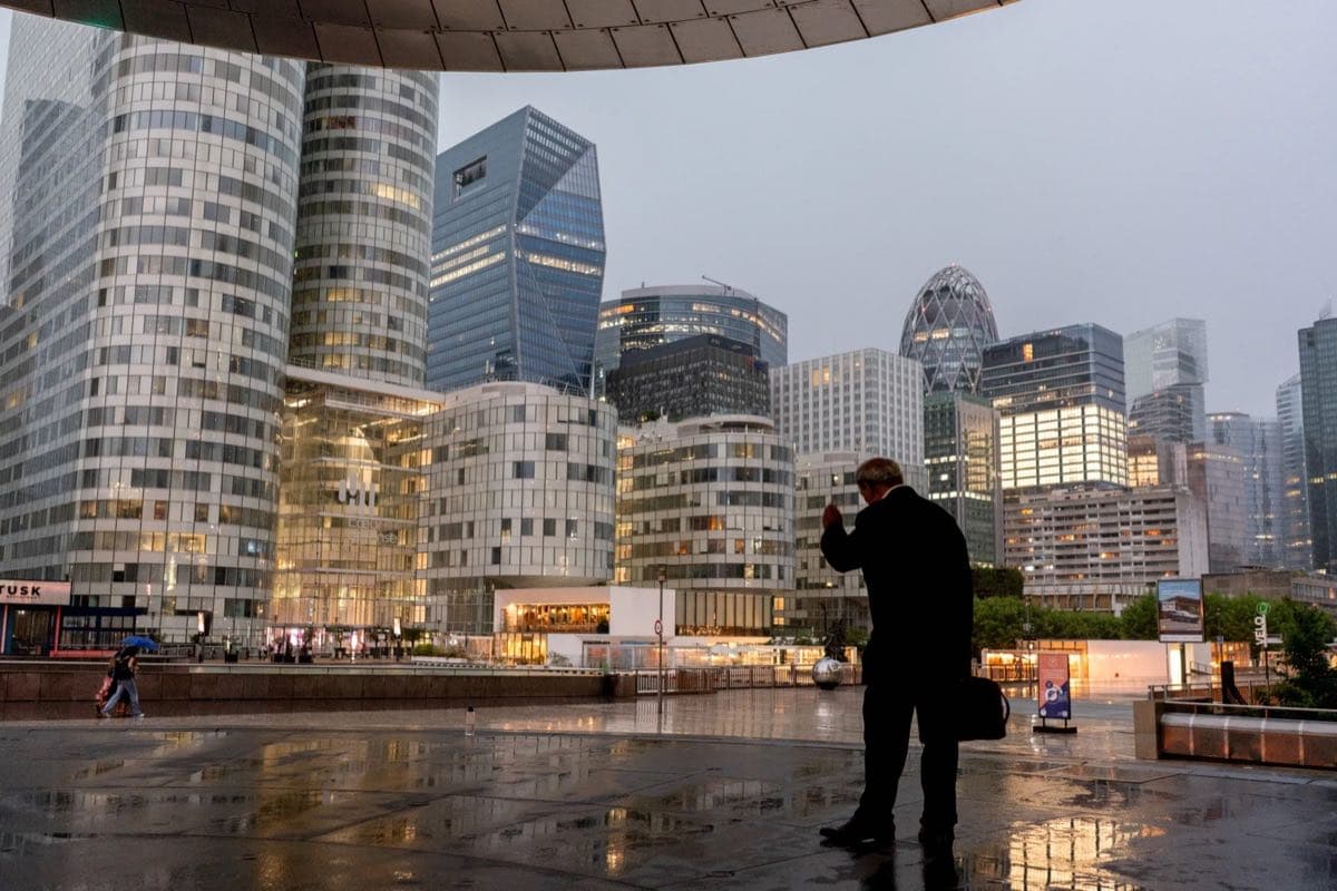 The La Defense financial district in Paris at dusk